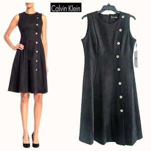Calvin Klein NWT Black Faux Suede Gold Button A-Line Dress 10 Minimalist